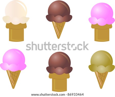 Clip art illustration of a collection of ice cream cone icons.