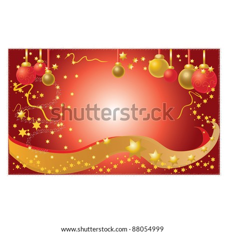 Clip art illustration of a sparkling, red Christmas background with gold and red ornaments and stars.