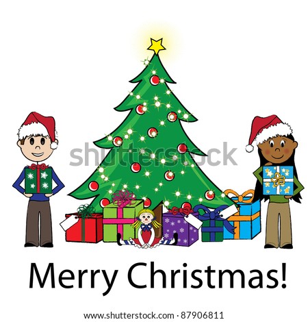 Clip art illustration of stick kids around a Christmas tree with presents.