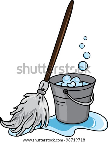 Clip art illustration of a cleaning bucket filled with soapy water and a mop.