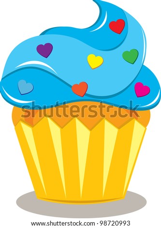 Clip art illustration of a brightly colored bakery cupcake with heart shaped sprinkles and lots of frosting.