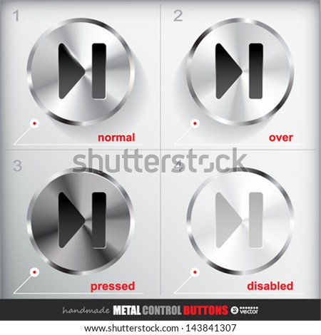 Set of four positions of Circle Metal Skip to the End Button.  Normal/Up, Over, Pressed/Active and Disabled/Hit states. Applicated for HTML and Flash styling controls. Vector eps 10 Illustration.