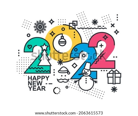 2022 Happy New Year trendy and minimalistic card or background.
Modern thin contour line design concept. Flat, outline.
Isolated on white background. Vector illustration