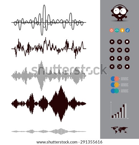 Sound waves set. Audio equalizer style. Music. Set of 12 Circle Media Buttons. Map. Vector Illustration. 