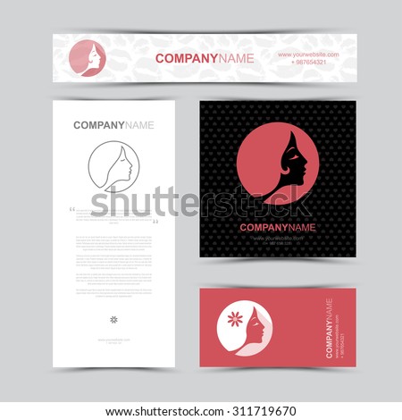 Template of identity for Beauty Salon. \
Business card, banner and brochure template. \
Set of woman fashion icons and logos. Contour lines. Flat design.\
Seamless lips and hearts pattern,  background.