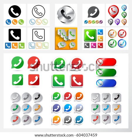 Set of phone icons and logos in speech bubbles and buttons isolated on white background. Vector illustration