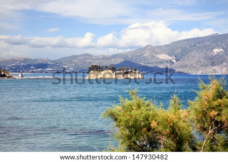 small private island with bridge in greece