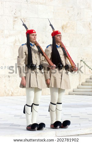 The Greek Presidential guard called Tsoliades dressed in traditional uniform at the monument of the unknown soldier in front of the Greek  parliament. Athens May 11th 2014