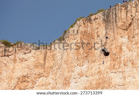29th August 2015,base jump competition in the famous beach with old shipwreck in Zakynthos island, Greece