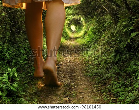 A collage of two images showing giant female legs walking onto a tunnel-like forest path with light at the end
