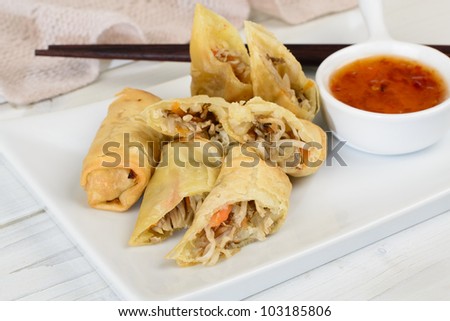 Spring Rolls - Fried vegetable spring rolls served with sweet chili sauce.