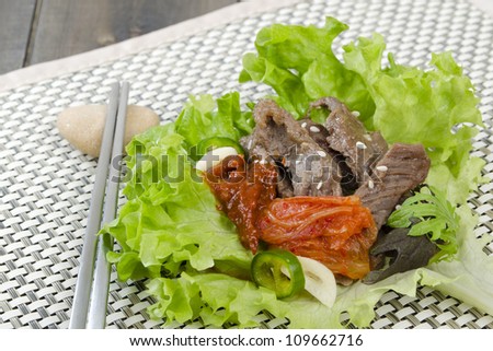 Beef Bulgogi Wrap - Korean marinated BBQ beef with kimchi, ssamjang, chillies, garlic inside lettuce leaves.