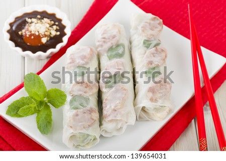 Bo Bia - Vietnamese fresh summer rolls with Chinese sausage, jicama, carrots, lettuce, egg and dried shrimp served with hoisin and peanut dip.