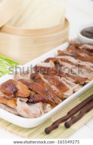 Peking Duck - Chinese roast crispy duck served with hoisin sauce, pancakes, cucumber and spring onions.