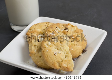 Belgium White Chocolate Cookies on white plate and a glass of milk
