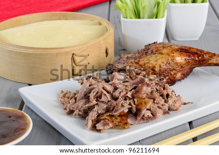 Peking Duck - Chinese roast duck served with pancakes, cucumber, spring onions and hoisin/plum sauce.