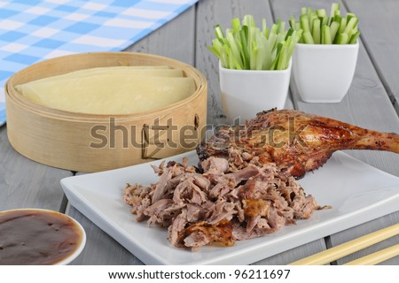 Peking Duck - Chinese roast duck served with pancakes, cucumber, spring onions and hoisin/plum sauce.