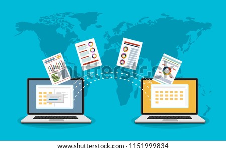 File transfer. Two laptops with folders on screen and transferred documents. Copy files, data exchange, backup, PC migration, file sharing concepts. Flat design graphic elements. Vector illustration