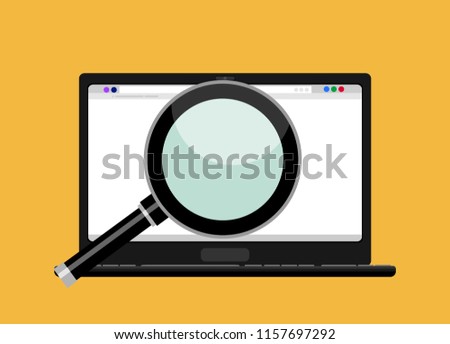 Laptop with browser. Search. Vector illustration in flat design.