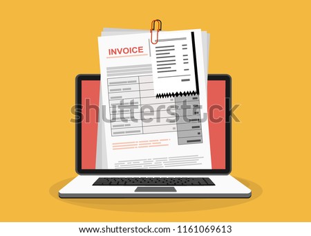 Online digital invoice laptop or notebook with bills, flat design illustration.