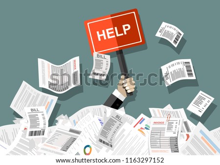 Businessman needs help under a lot of bills, in the office and requests for help. Can not pay bills, having financial troubles. Planning budget concep. Flat vector illustration.