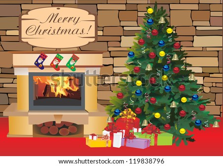Christmas scene with tree gifts and fire in background Raster version, vector file id: 119046061