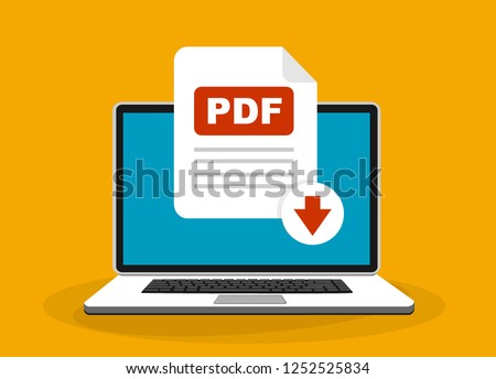 Download PDF button on laptop screen. Downloading document concept. File with PDF label and down arrow sign. Vector stock illustration.