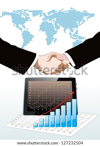 World map, tablet pc computer showing a spreadsheet with some 3d charts over it and handshake