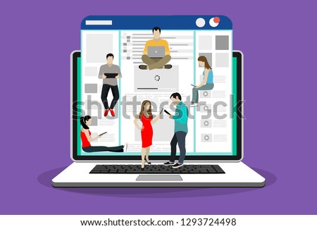 Networks webpage concept vector illustration of young people using mobile gadgets such as laptop, digital tablet and smartphone for social networks, news and sharing. Flat people sitting on web page