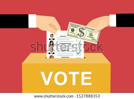 voter putting paper ballot list in box selling vote hand giving money during voting election corruption concept flat horizontal