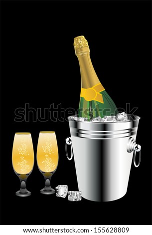 Champagne bottle in bucket with ice and glasses of champagne, isolated on black