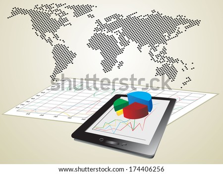 world map and computer tablet showing a spreadsheet with some 3d charts over it