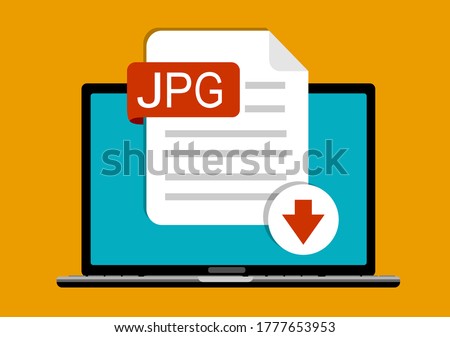 Download JPG button on laptop screen. Downloading document concept. File with JPG label and down arrow sign. Vector stock illustration.