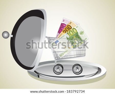 Restaurant cloche with open lid and euro currency in a shopping trolley