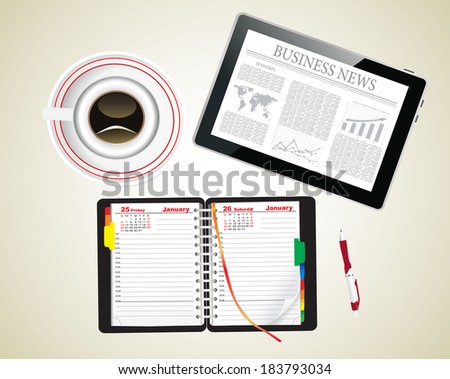 Tablet pc shows latest news on screen and cup of coffee.