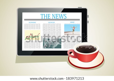 Tablet PC shows latest news on screen and cup of coffee.