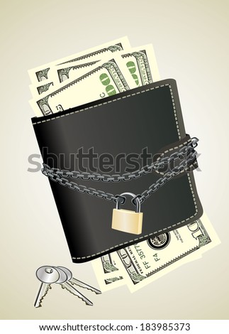 A wallet with padlock and keys - symbolic for safety precautions on either spending money or pick-pocketing.