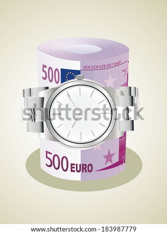 Wrist watch wrapped around a roll of 500 euro banknotes