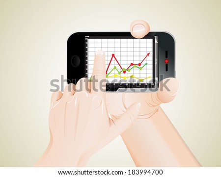 Hand holding modern mobile smart phone with success growth chart on screen.