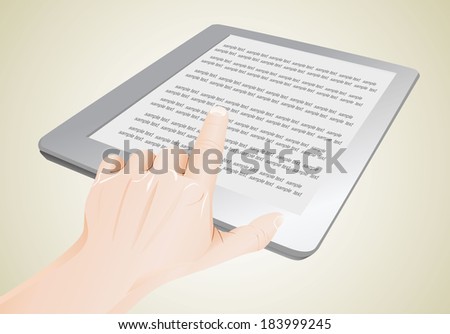 a male hand a touchpad pc showing an E-Book