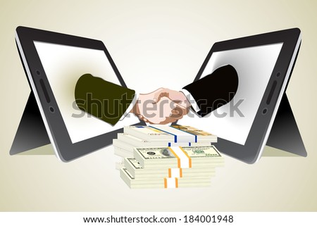 money and Two computer tablet and Hands in handshaking, Internetworking Concept, Wireless Communication