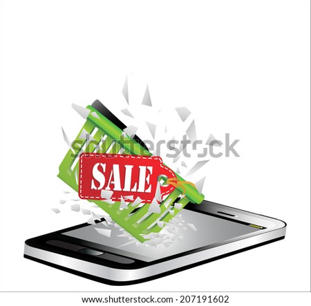 Black smartphone broken glass screen. .Shopping carts and a sale label fly from a smartphone as an online concept.