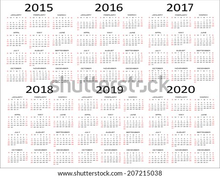 European 2015, 2016, 2017, 2018, 2019, 2020 Year Calendars Stock Photo ...