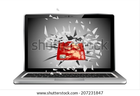 Flying out of a broken laptop computer screen-credit card isolated on white background