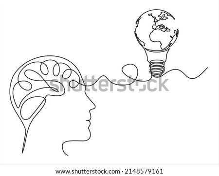 Earth globe inside lightbulb  thoughts  in a man's head  in one continuous line drawing. Vector Concept of Eco innovation, idea of green energy and global solution with electricity in simple doodle 
