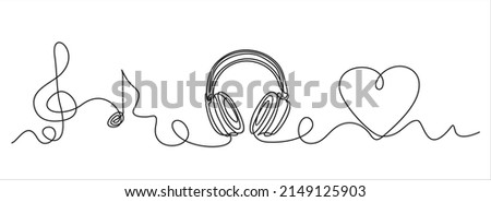 One line headphones. Continuous drawing of music gadget and note. Audio headphone outline sketch. Lineart vector concept of musical symbol. Illustration headphone drawing contour monoline