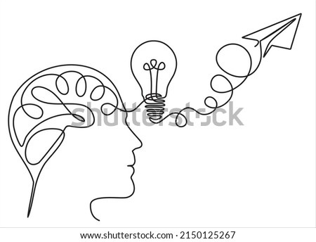 continuous modern drawing of a human head and brain thinking about Startup business idea. Brain, Paper plane flying up connected with light bulb in one continuous line drawing.