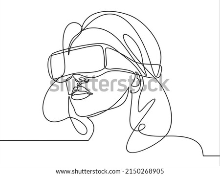 Continuous one line drawing Woman in glasses device virtual reality