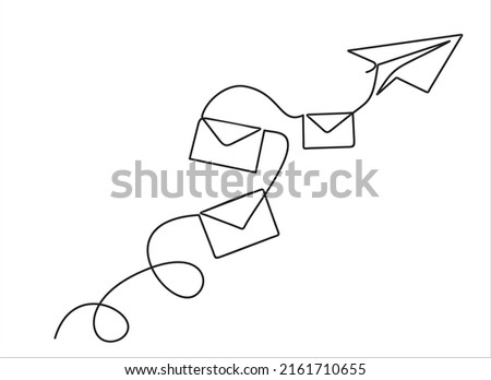 paper plane and envelopes e mail list building illustration continuous one line art illustration. Can used for logo, emblem, slide show and banner. Illustration with quote template. 