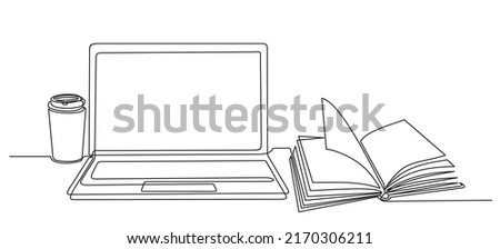 One continuous line drawing of computer laptop, book and a cup of coffee. Study space desk concept. Single line draw design vector illustration